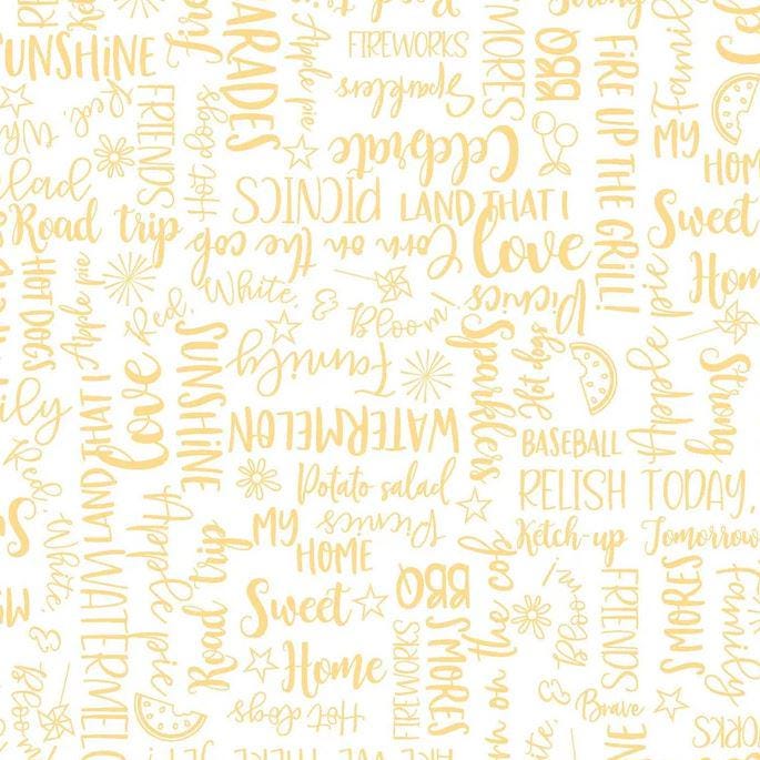Kimberbell Red, White and Bloom - Wordy Words Yellow (Quilting Cotton, Sold by the Yardage)