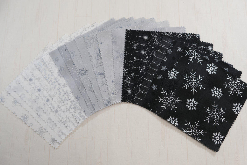 Stof Christmas - Black, Gray, White w/Metallic Silver Curation - Precuts - Mini Charm Pack - 2.5" Squares - 100% Quilting Cotton - 42ct