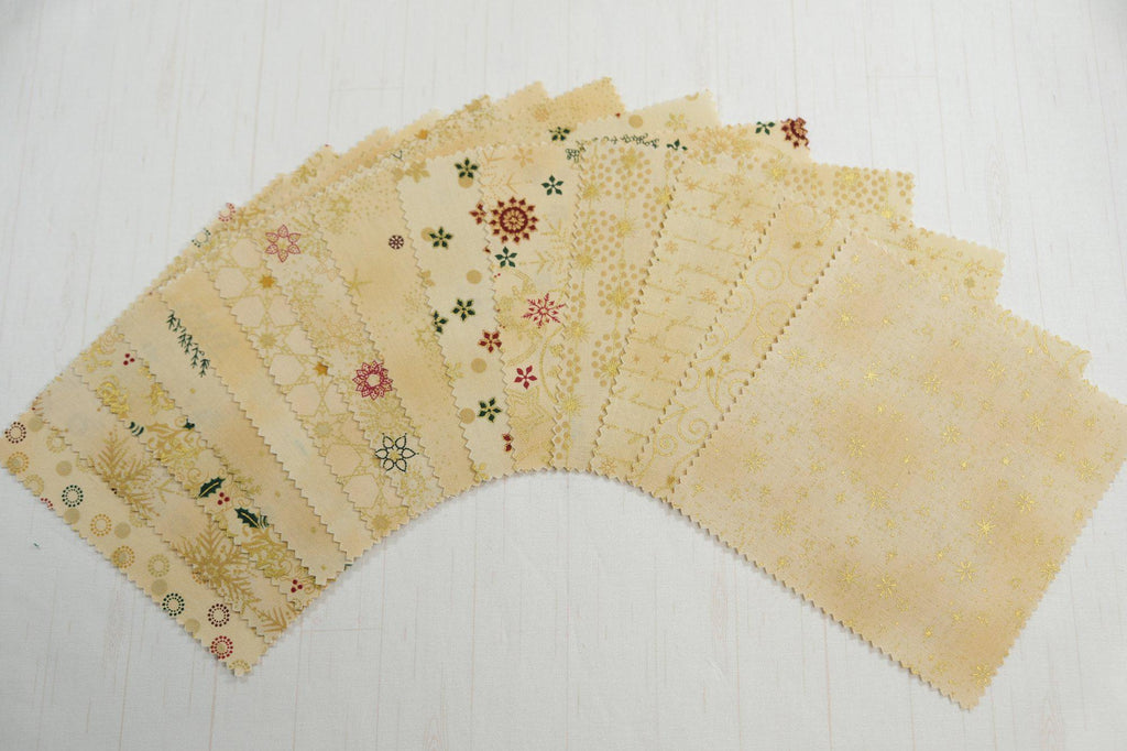 Stof Christmas - Beige w/Metallic Gold Curation - Precuts - Charm Pack - 5" Squares - 100% Quilting Cotton - 42ct